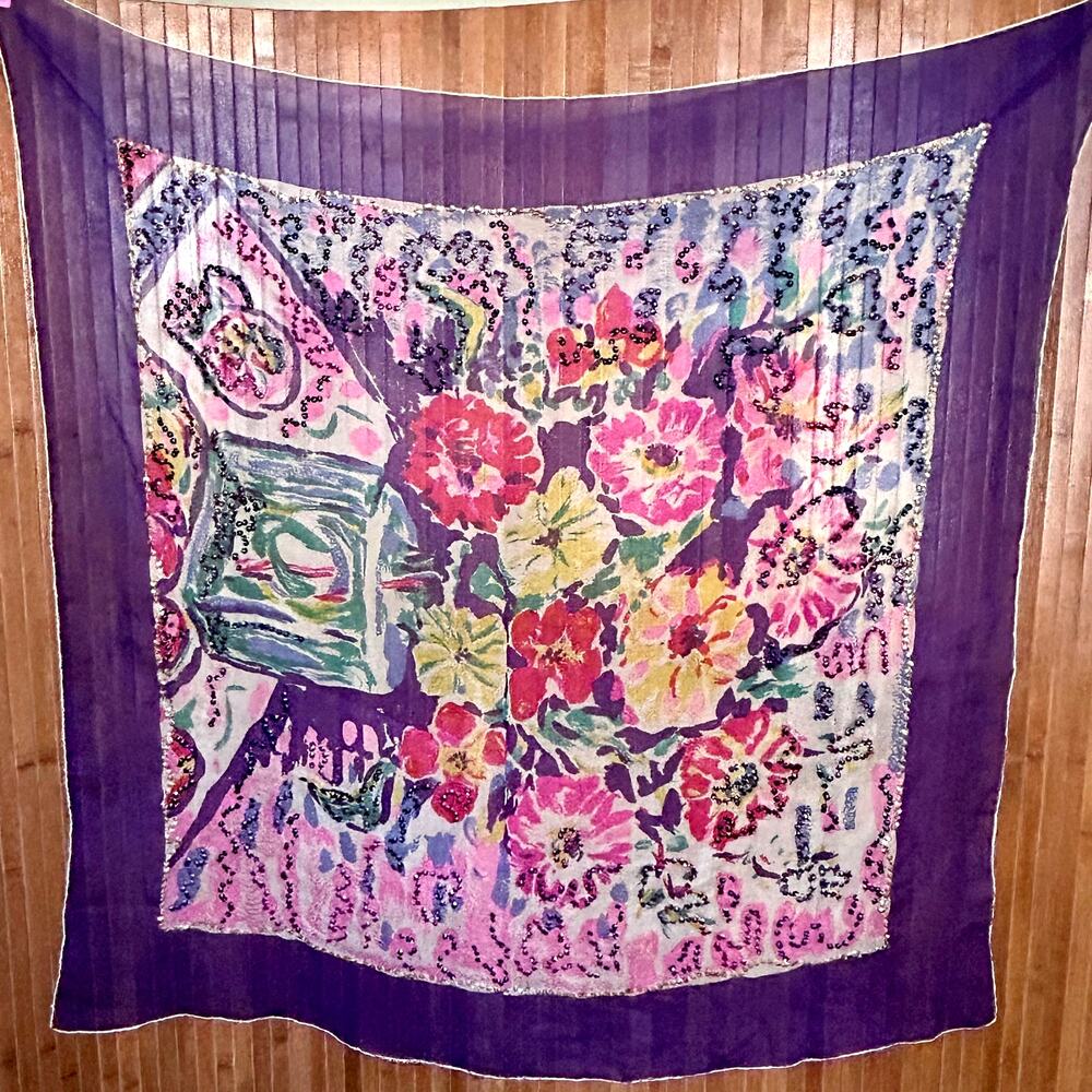 Vintage 90s Silk Scarf Semi Sheer Purple Floral Sequin Border